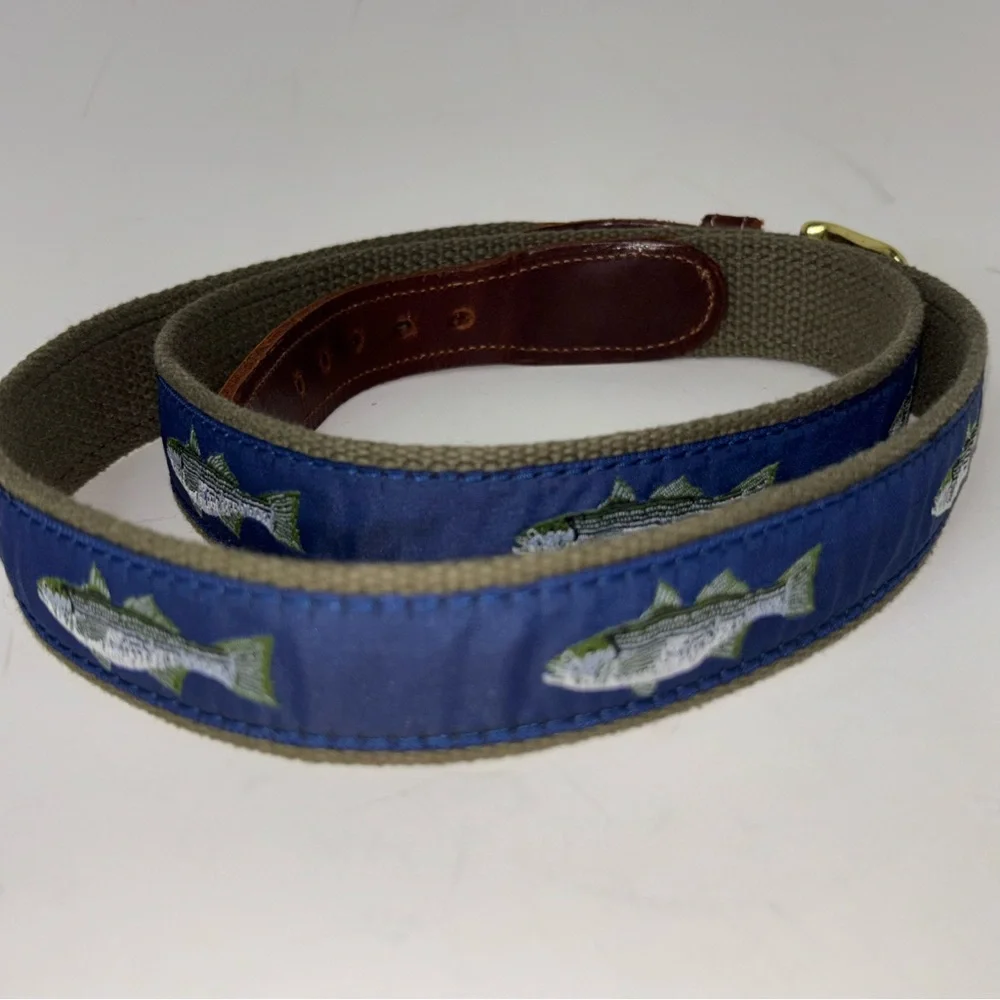 PRESTON New England Belt Men’s Sz 46 Bass Fish Blue Brown Leather Nautical Ocean